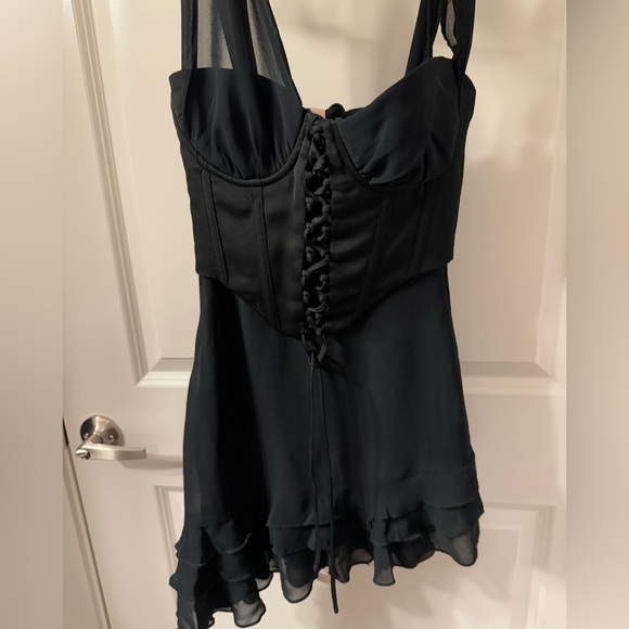 Oh Polly Asymmetric Corset Frill Mini Dress in Black - Picture 13 of 15